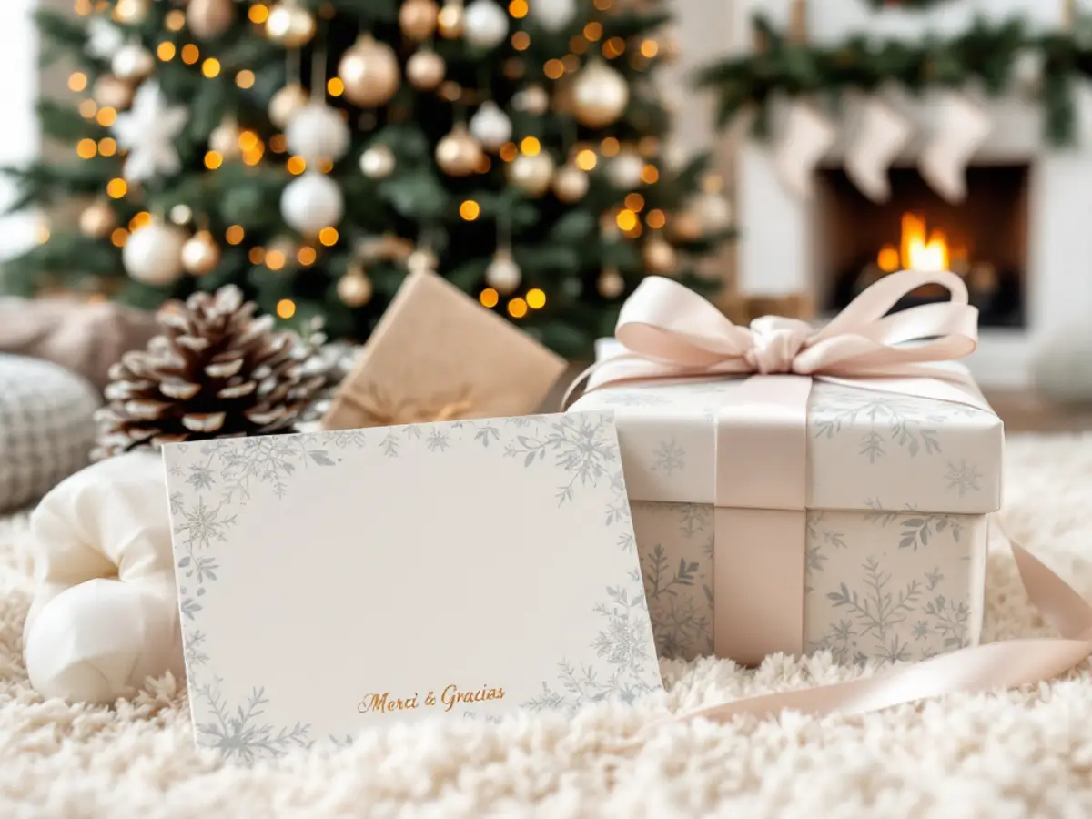 A beautifully wrapped holiday gift with a festive background
